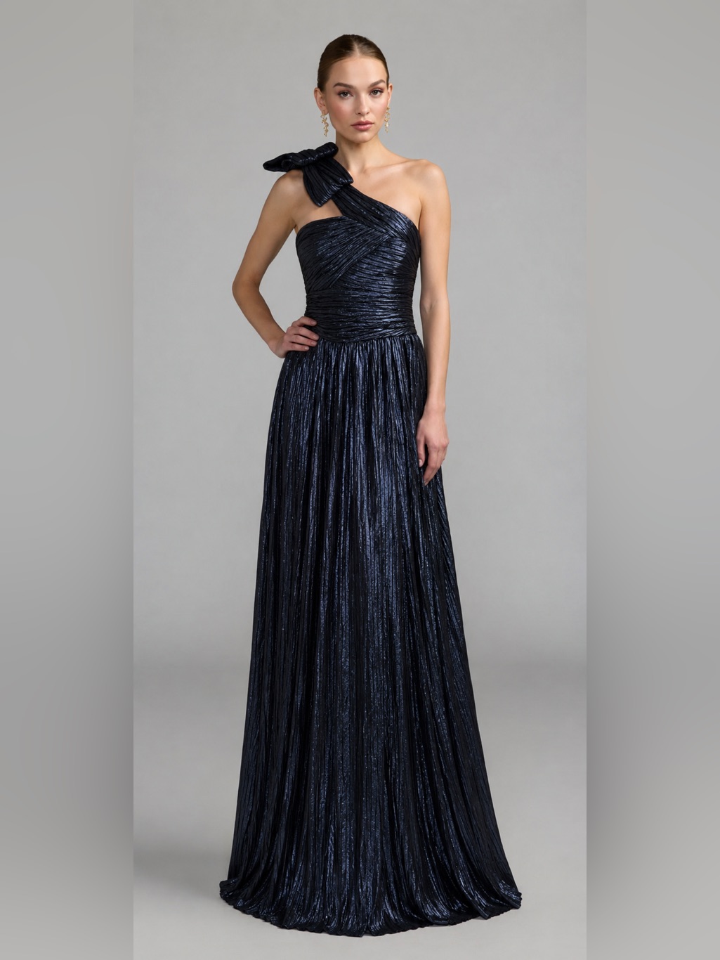 Nwt Tahari Asl Metallic Midnight Navy Pleated One Shoulder Bow Maxi Gown 6